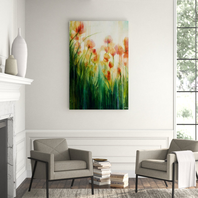 Watercolor Poppy Field Painting by Rikki Drotar, 60" H x 40" W x 1.5" D, Brush Gel 