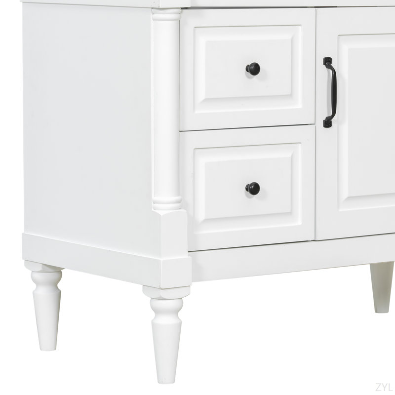 Meuble-lavabo avec lavabo, armoire de salle de bain autoportante avec tiroir rabattable et tablette réglable, structure en bois d'hévéa massif, panneaux de fibres à densité moyenne et poignées en métal