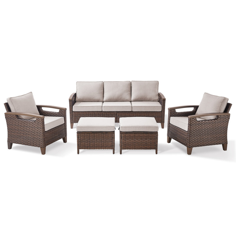Ensemble de conversation d'extérieur en rotin pour 5 personnes avec repose-pieds Arundel, coussins inclus, Beige
