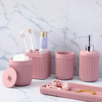Ensemble d'accessoires de salle de bain en résine rose 5 pièces, distributeur de savon à lotion, porte-brosse à dents, gobelet de salle de bain, support Qtip et plateau de coiffeuse, ensemble de rangement de comptoir de salle de bain pour appartement moderne
