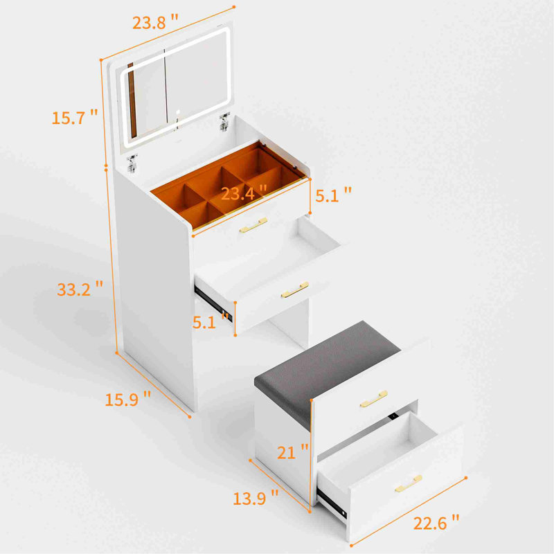 Bureau de coiffeuse avec miroir ouvert, coiffeuse de maquillage avec 3 tiroirs et 1 tabouret, coiffeuse pour chambre à coucher