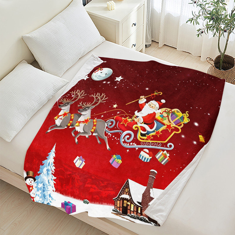 Plaid de Noël en flanelle polaire JYK, léger, respirant, doux et chaud en microfibre pelucheuse, 76 x 102 cm, motif traîneau de rennes volants
