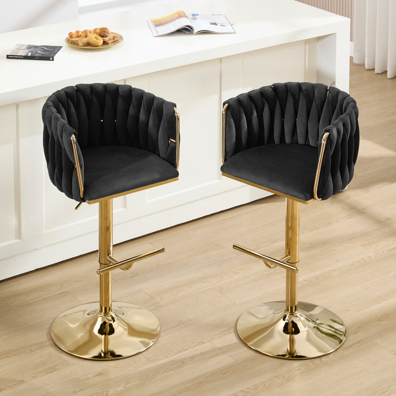 Ensemble de 2 tabourets de bar pivotants à 360 ° en velours, tabouret de bar moderne à hauteur réglable avec dossier et repose-pieds tissés, pour comptoir de cuisine, noir