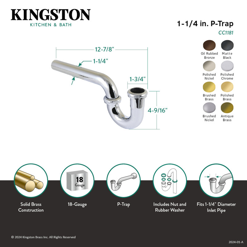 Kingston Brass Made To Match 1-1/4 Inch Decor P-Trap without Flange, 12-7/8 Inch Length, 18 Gauge, Polished Chrome