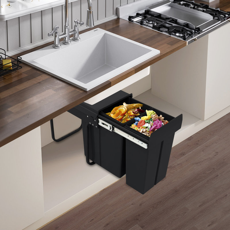 Poubelle coulissante double 10L + 20L pour armoire, poubelle d'armoire de cuisine avec rail d'amortissement, Noir