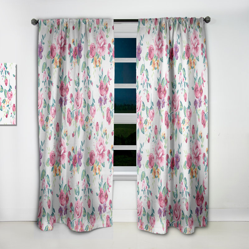 Rideau simple occultant floral rose, mauve et jaune, L 52 po x L 108 po