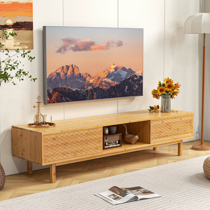 Meuble télé Mid-Century en bambou 63 po avec 3 cubes de rangement