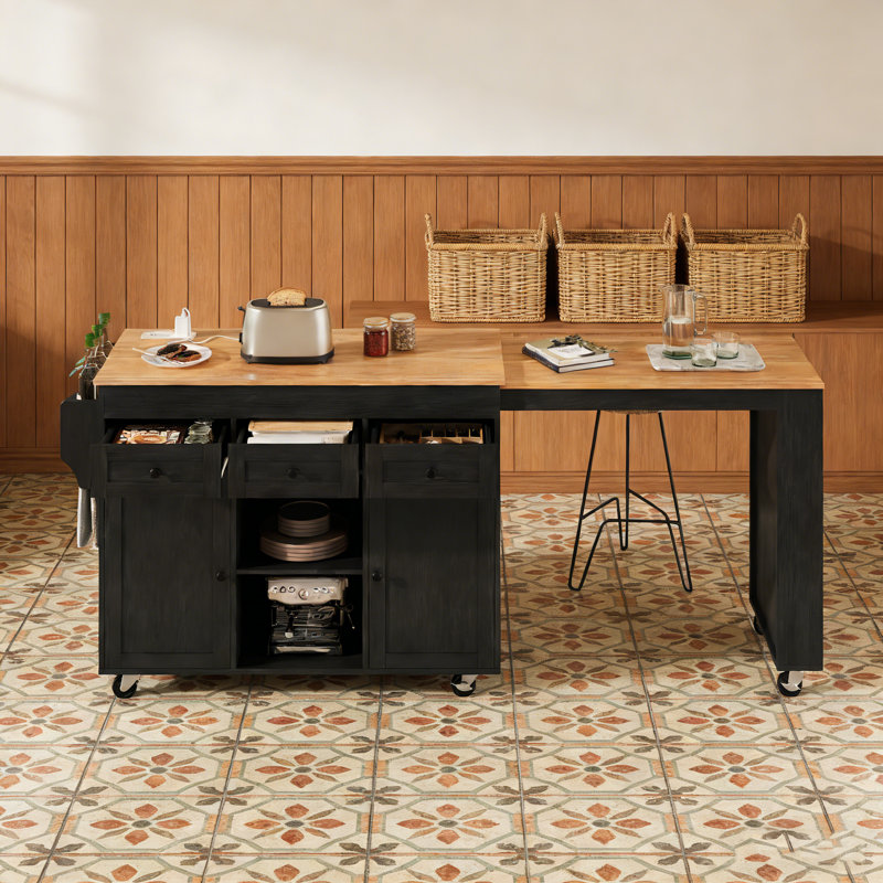 85.5" Kitchen Island with Extendable Dining Table, Black