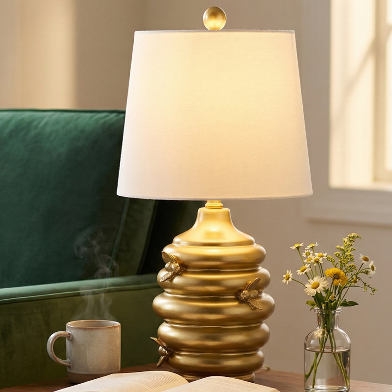 24.5" Resin Honeycomb Table Lamp With Shade, Gold