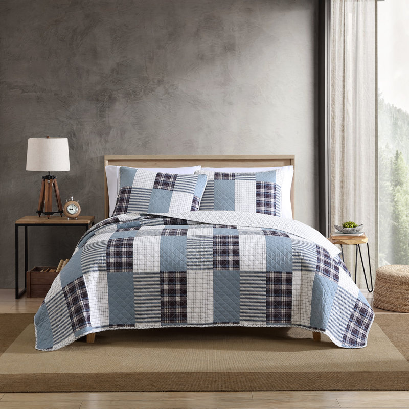 Camano Island Twin Quilt Set in Blue and White Cotton Patchwork