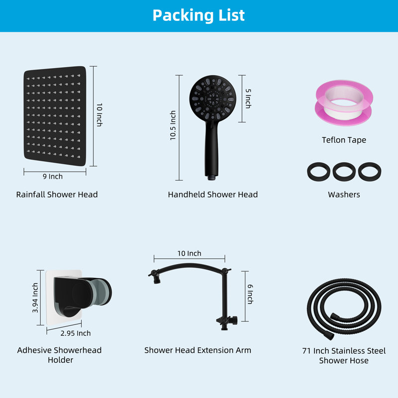 Matte Black 10" Rainfall Shower Head Combo with Handheld