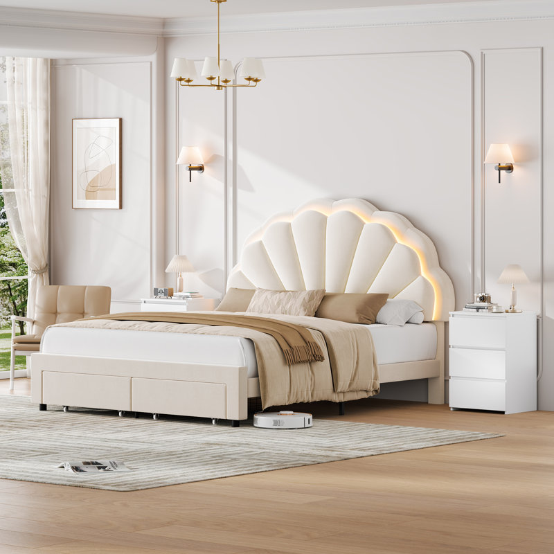 Ensemble de chambre à coucher 3 pièces, lit moderne tapissier à DEL avec tiroir et tables de chevet à 3 tiroirs avec port de charge, cadre de grand lit