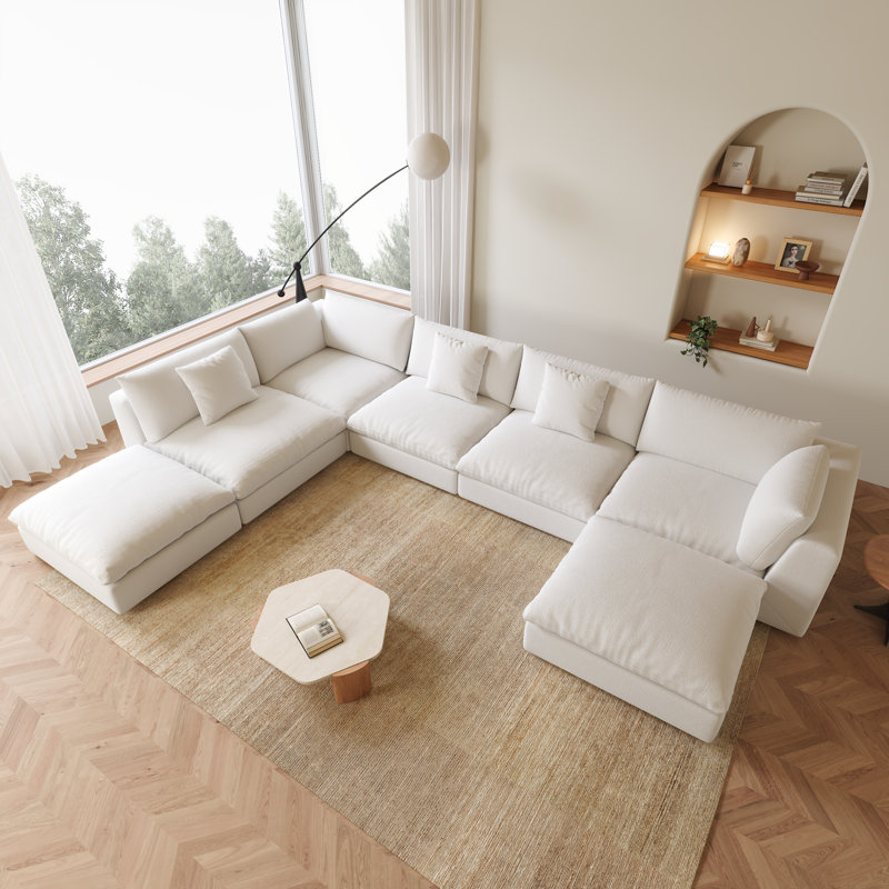156.7'' Oversized U Shaped 7 Piece Modular Cloud Sectional Sofa With Ottoman, Off White Linen