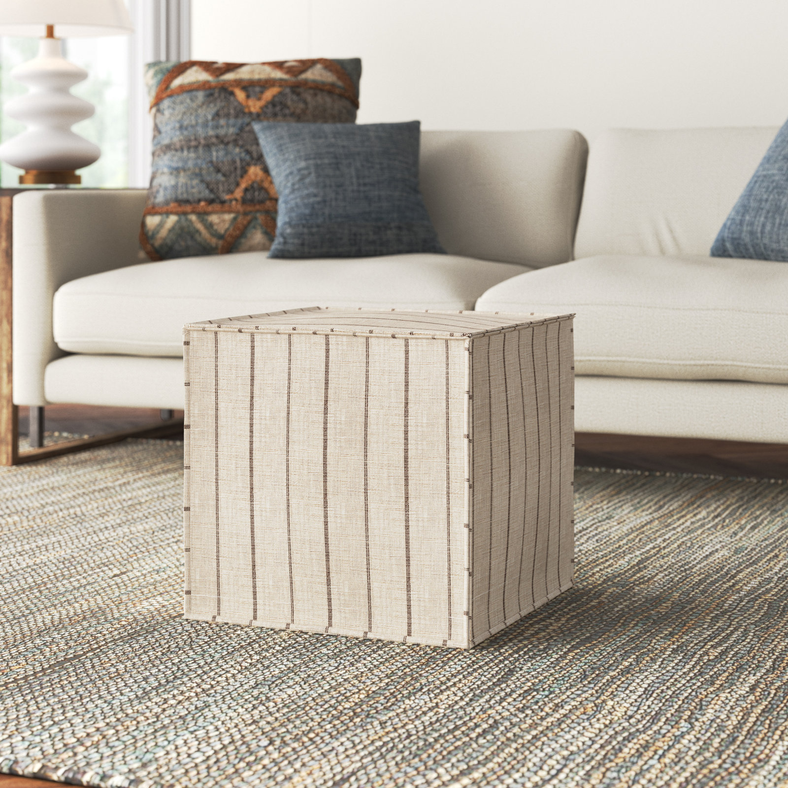 Harriette Upholstered Ottoman, Fritz Charcoal Stripe