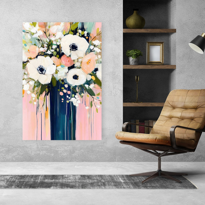 Art moderne contemporain sur fond rose, H 48 po x l 32 po