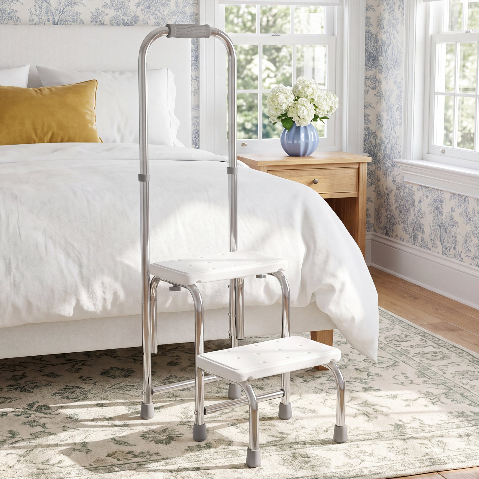 Step Stool with Handle and Non Skid Rubber Platform, Lightweight and Sturdy Stool for Seniors, Adults and Children, Adjustable Height Handrail