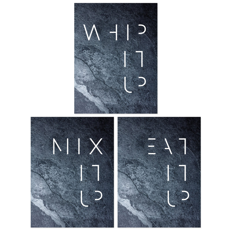 Whip Mix Eat It Up Grey Slate Kitchen Quote Minimal Typography - 3 Piece No Frame Print Set, 29.7cm H x 21cm W x 0.4cm D