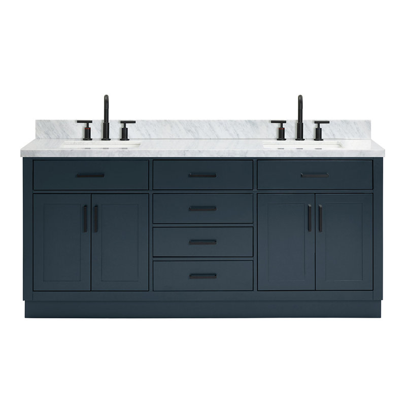 Tidworth Solid Wood Double Bathroom Vanity with 1.5' Carrara Marble Top, Bleu minuit, Noir mat, Forme rectangulaire