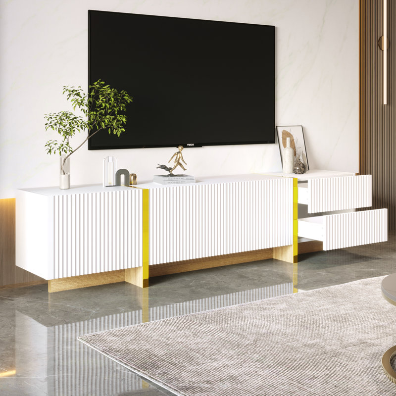 Tv-schrank Mit 3 Türen Und 2 Schubladen Für Tvs Bis Zu 85", Weiß, White and gold