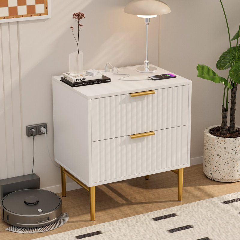 Channing Modern 2 Drawer Nightstand with Charging Station, USB Ports, Nightstand with Handles and Gold Legs, White