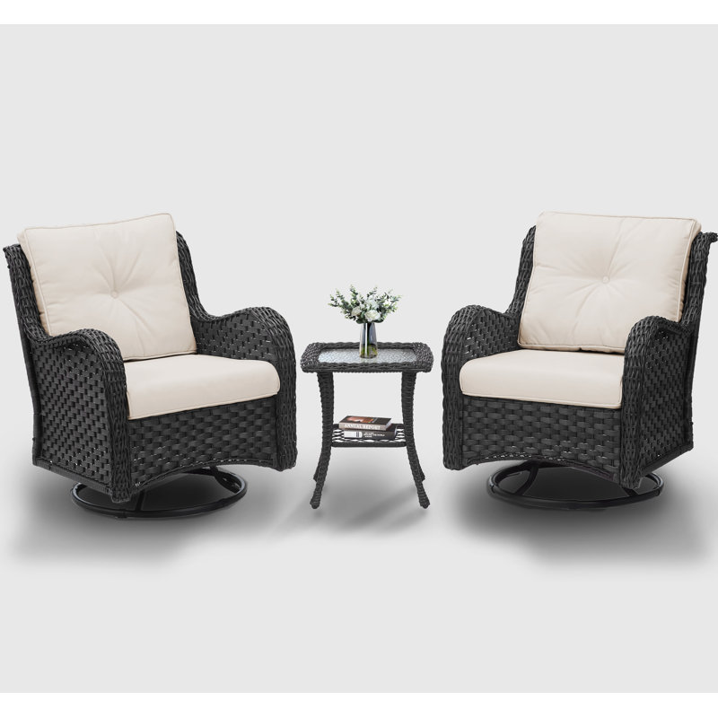 LayinSun 3 Pieces Swivel Gliders Patio Chairs Set With Side Table, Beige, Black