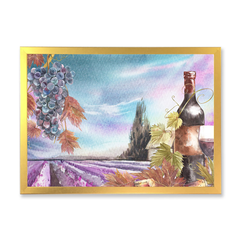 Bouteilles et feuilles de raisin, un champ de lavande I - reproduction sur toile, H 30 po x l 40 po, Cadre photo doré