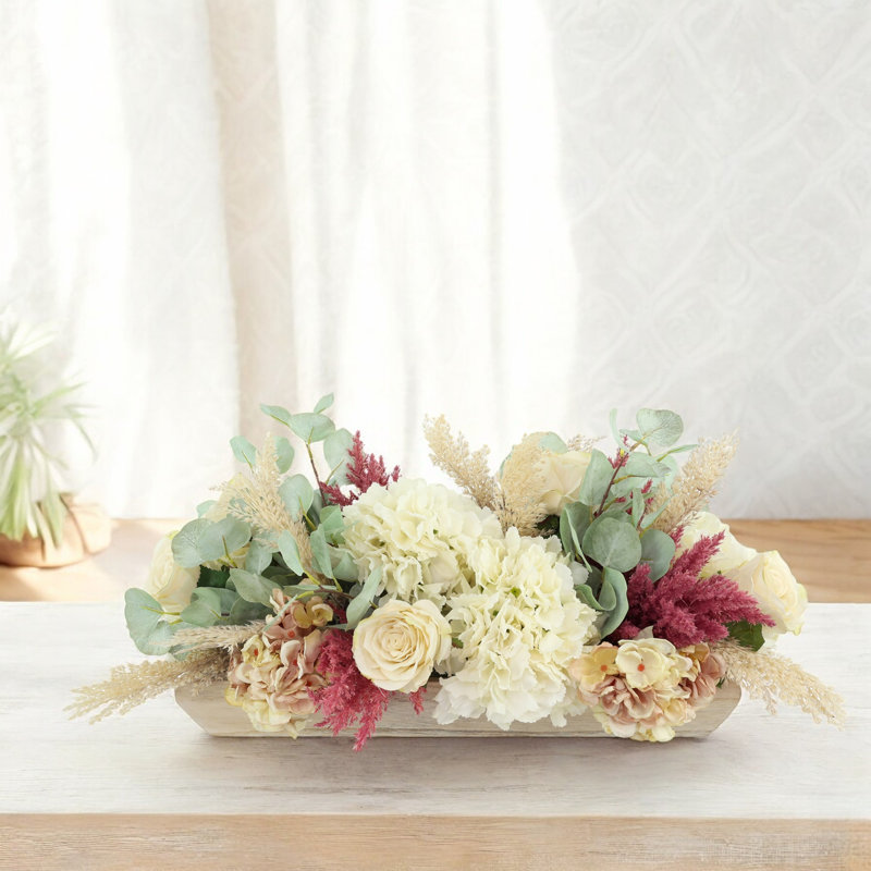 Rose and Eucalyptus Arrangement in Wooden Dough Bowl, White