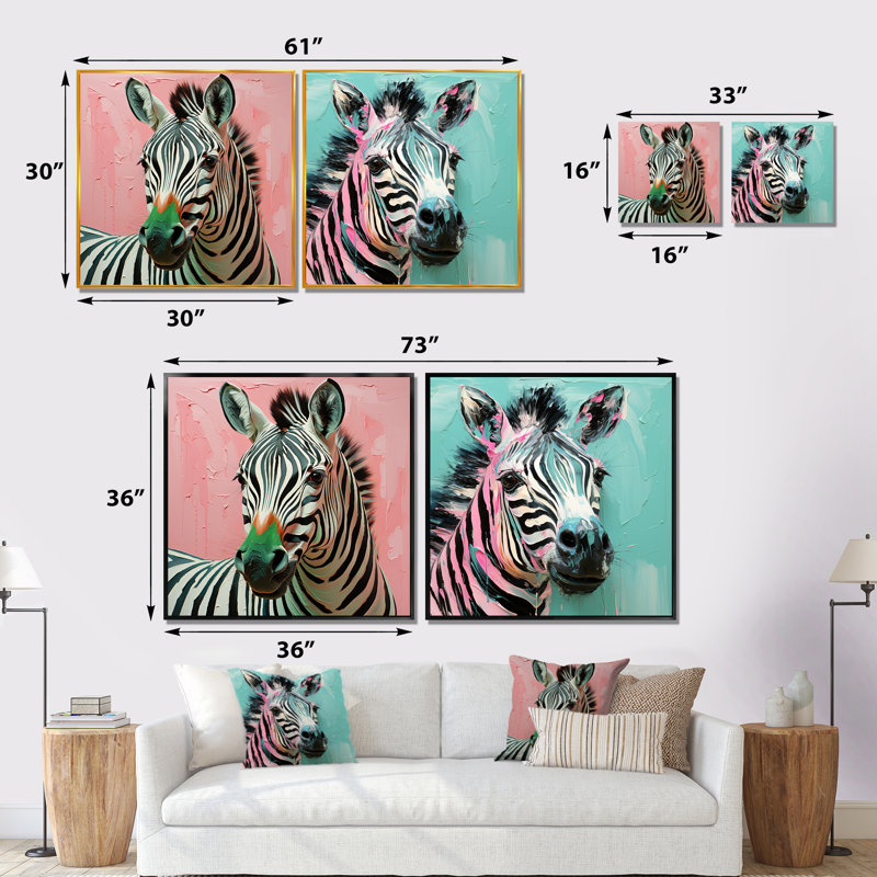 Rose et vert Boho Zebra I - ensemble de 2 impressions sur toile zébrées, Toile tendue, H 16 po x l 33 po x P 1 po
