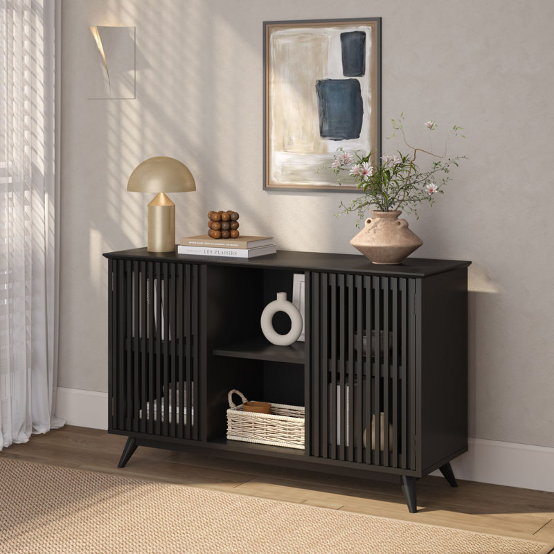 Solid Wood Mid Century Modern TV Stand, 2 Door w/ Middle Shelf 49 x 16 x 30in, Black