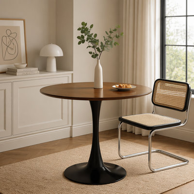 Modern Round Multi-Use Dining/Coffee Table – MDF Tabletop + Cylindrical Metal Base, Easy to Clean & Assemble for Small Space Kitchen/Living Room/Office