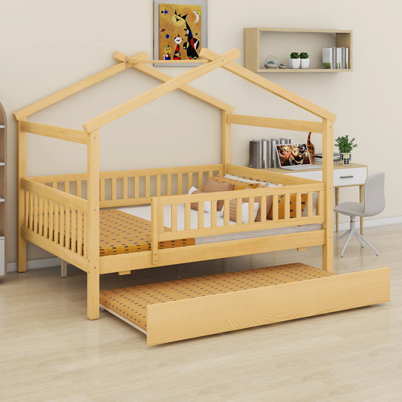 Wooden House Bed With Trundle, Natural