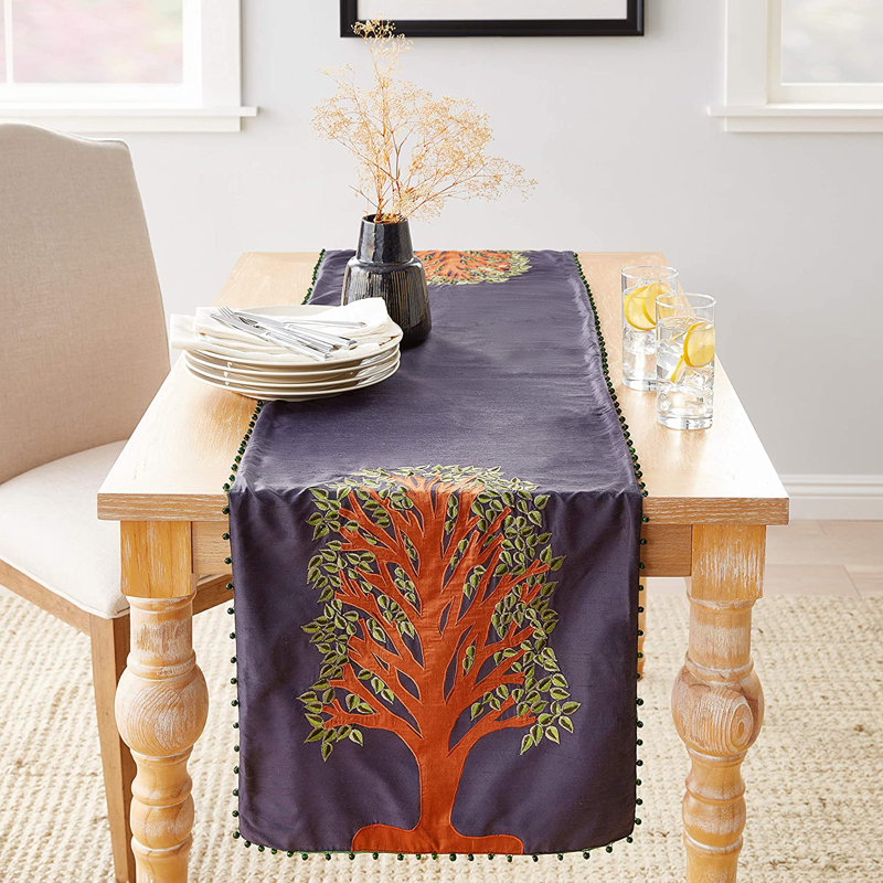 Navy Silk Embroidered Handcrafted Table Runner