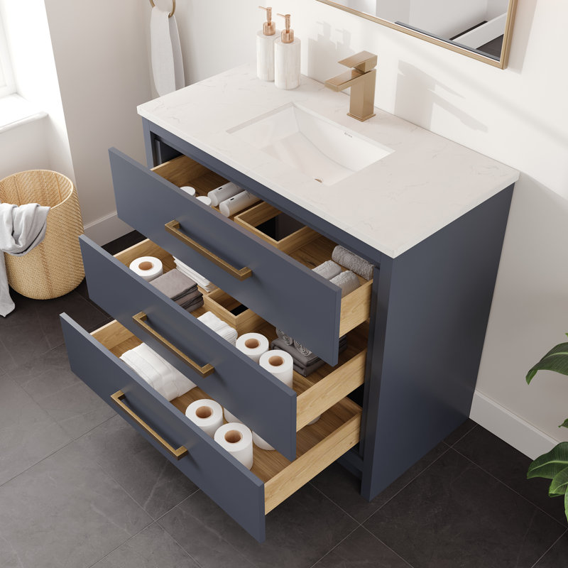 Ilsa 36"W X 18"D Bathroom Vanity With White Carrara Quartz Countertop And Undermount Porcelain Sink, Dark Blue