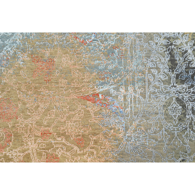 Tapis abstrait noué à la main gris / bleu / jaune, Rectangle 9 pi x 12 pi