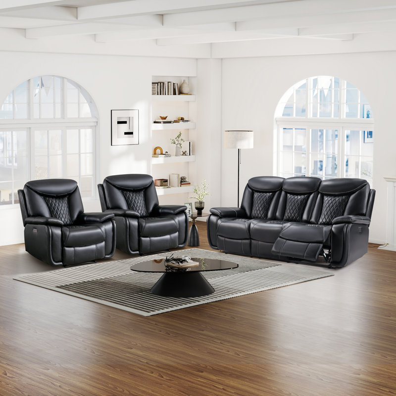 Ensemble de salon inclinable électrique en cuir synthétique 3 pièces avec canapé et fauteuil inclinable, Noir
