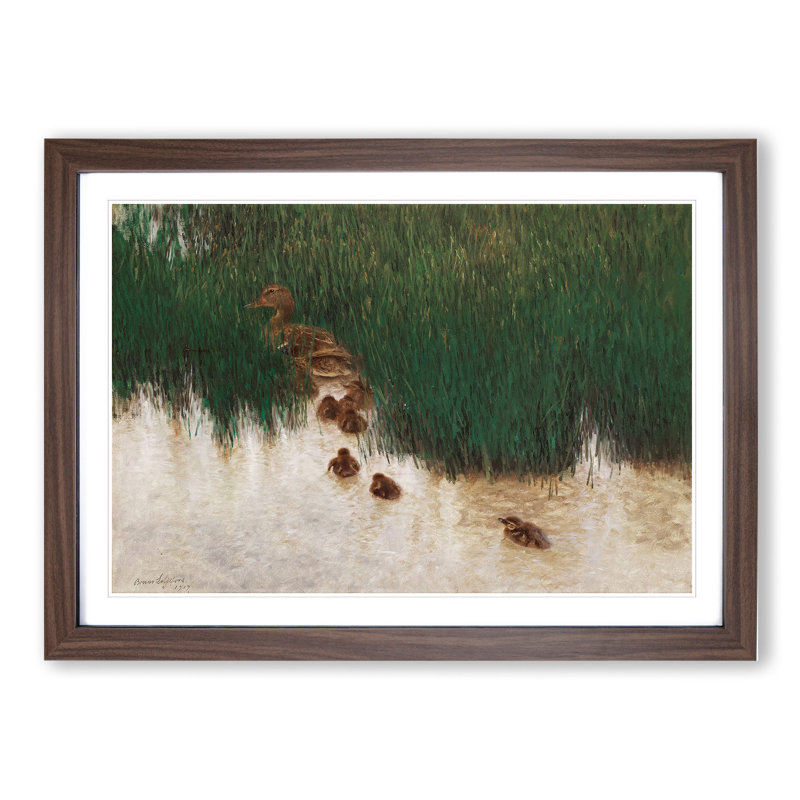 Duck Family by Bruno Liljefors - Picture Frame Painting, Walnut Framed, 27cm H x 36cm W x 2cm D