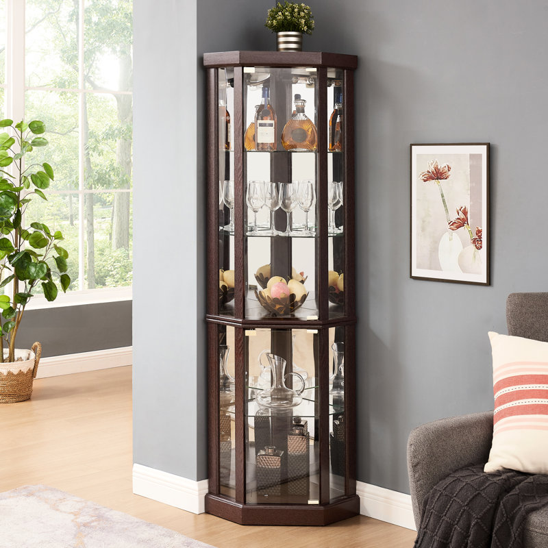 Living Room Curio Furniture - Dark Cherry, Glass Doors, Adjustable Shelves, Lighted Display Case For Toppling Device,