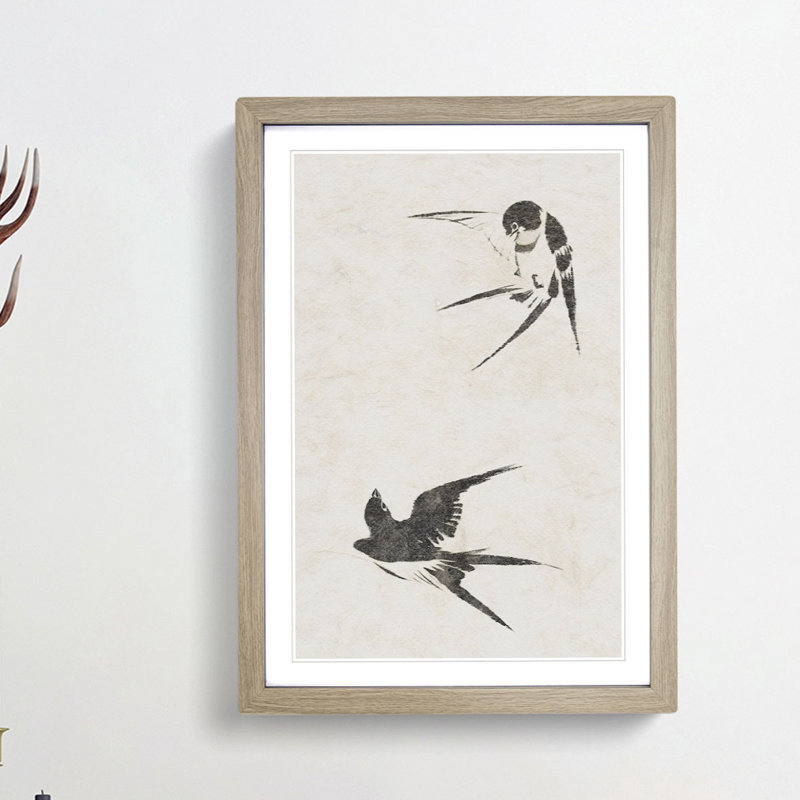Two Swallows by Sakai Hoitsu - Picture Frame Painting Print on MDF, 36cm H x 27cm W x 2cm D, Oak Framed