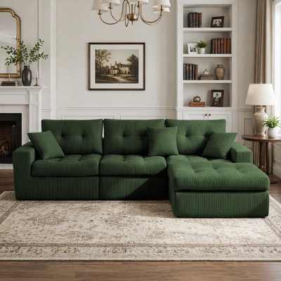 Canapé-lit à compression en coin Corduroy, canapé modulaire en L avec éponge haute densité, canapé convertible sans assemblage requis pour le salon, appartement, chambre d'amis (vert)