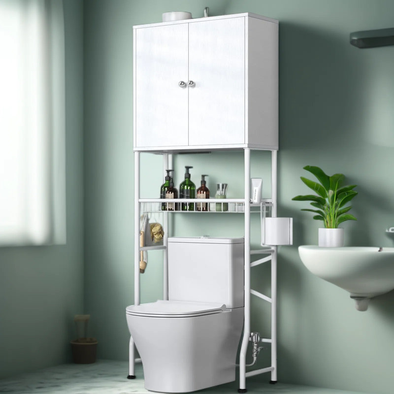 Armoire de rangement au-dessus de la toilette avec portes d'intimité, organisateur de salle de bain autoportant avec panier de drainage amovible, tablettes résistantes à l'eau et cadre en métal renforcé pour un rangement peu encombrant