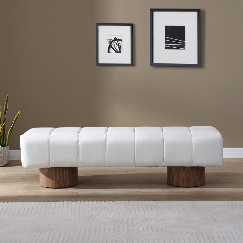 Marlon Dining Bench With Wooden Base, 18" H x 64" W x 16.75" D, White/Walnut