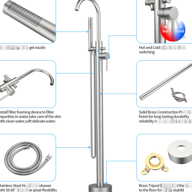 Robinet de baignoire à fixation au sol avec robinet à main - Nickel brossé, laiton, débit élevé, bec pivotant sur 360 °, robinet de salle de bain à poignée simple, montage sur pied, noir mat, métal massif, débit de 6 GPM, degré