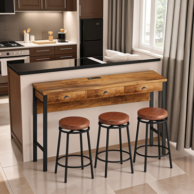 Table longue 3 places, marron. Prises électriques et tabourets en PU inclus. Structure en métal. Poignées élégantes en forme de coquillage. Coussins de tabouret confortables. Solution de repas polyvalente. Montage facile.