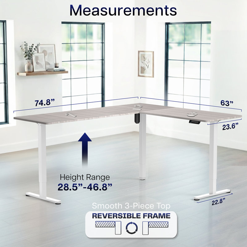 VIVO Electric Corner Standing Desk, L-Shaped Workstation, Gray/White, 74.8" W x 23.6" D