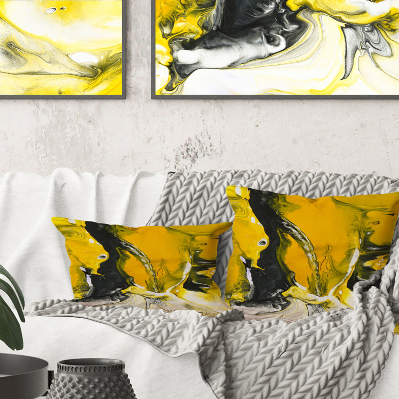 Coussin jaune jaune, noir et blanc, imprimé liquide Modern Art