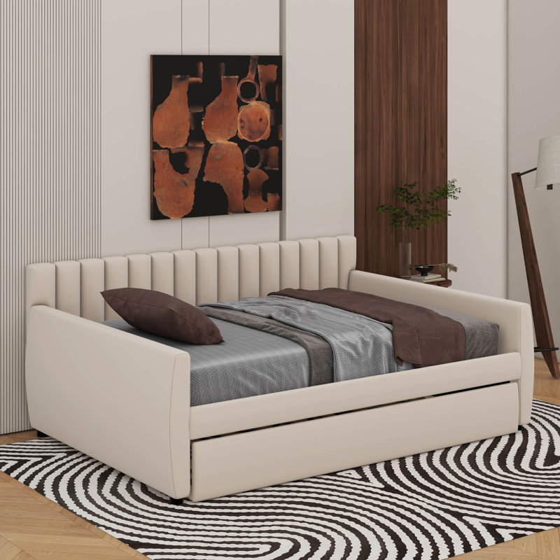 Lit de jour double avec lit gigogne, Beige