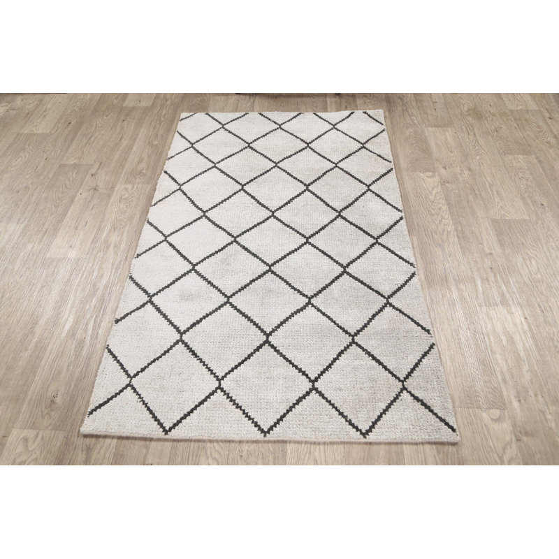 Tapis unique en laine noué à la main ivoire / noir nouvel âge 3 pi 1 po x 5 pi