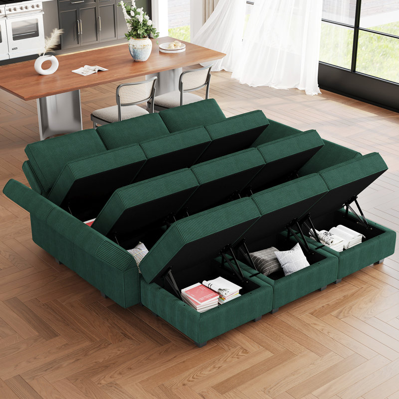 Neemi Upholstered Sectional, Green Corduroy
