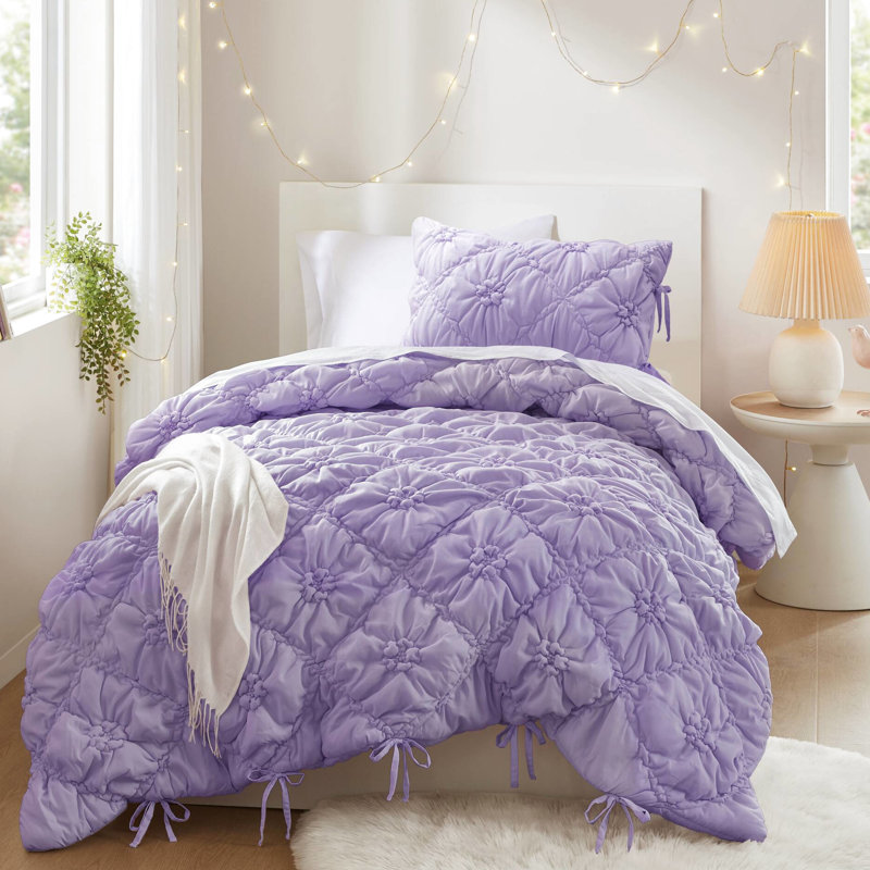 Twin Comforter In 2Pcs, Pretty Floral Accents, Soft Brushed Microfiber Surface, Fill, Adaptable To All Seasons, Machine Washable 2Pcs Featuring Relaxed Embroidery And Tie Decor, Fluffy Comfort,