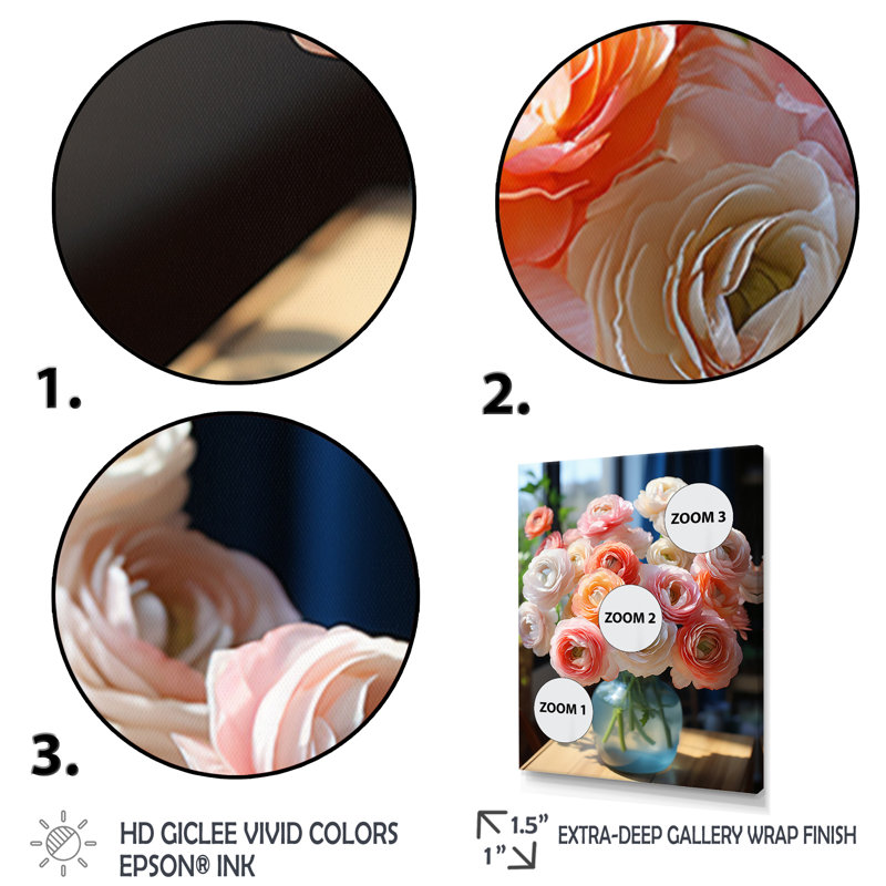 Pink Ranunculus Romantic Impression - Floral & Botanical Canvas Wall Art, Cadre photo noir, H 20 po x l 12 po x P 1 po